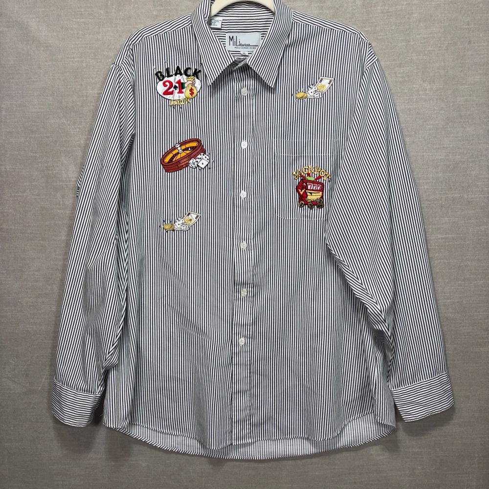 Mili Designs Striped Casino Gambling Vegas Embroidered Button‎ Up Shirt Mens XL